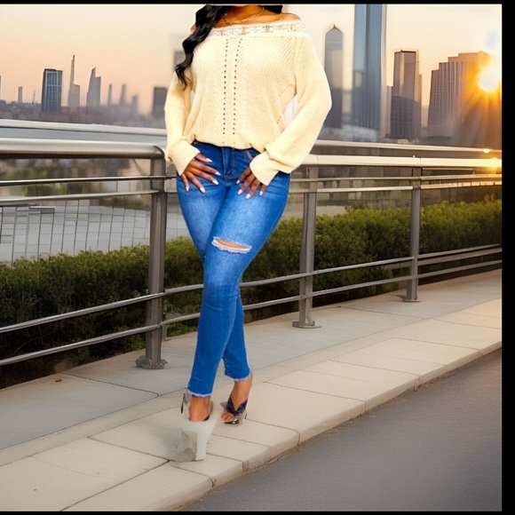 Unique Apricot Lace Trim Neckline Off Shoulder Open Design Down Front Sweater - Picture 6 of 10